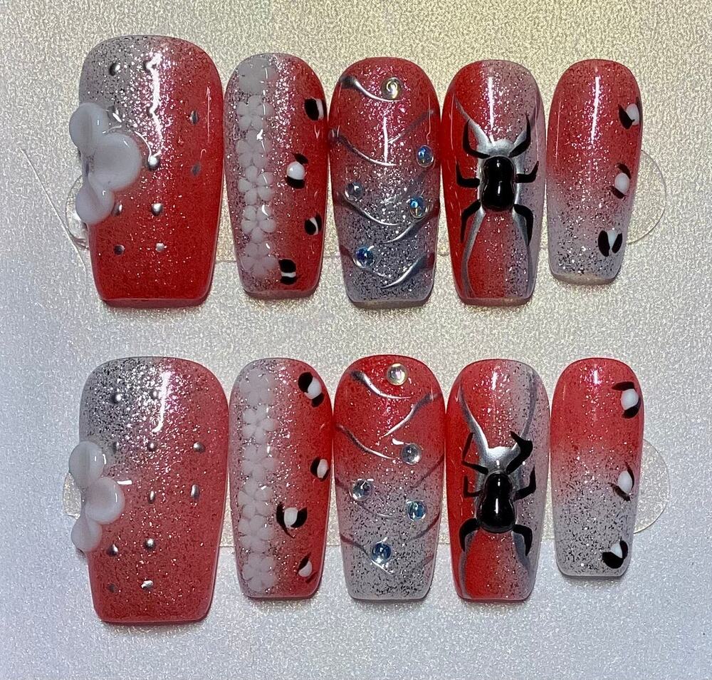 Halloween 3D Flower Spider Red Silver Chrome Square Press-On Nails Medium Large